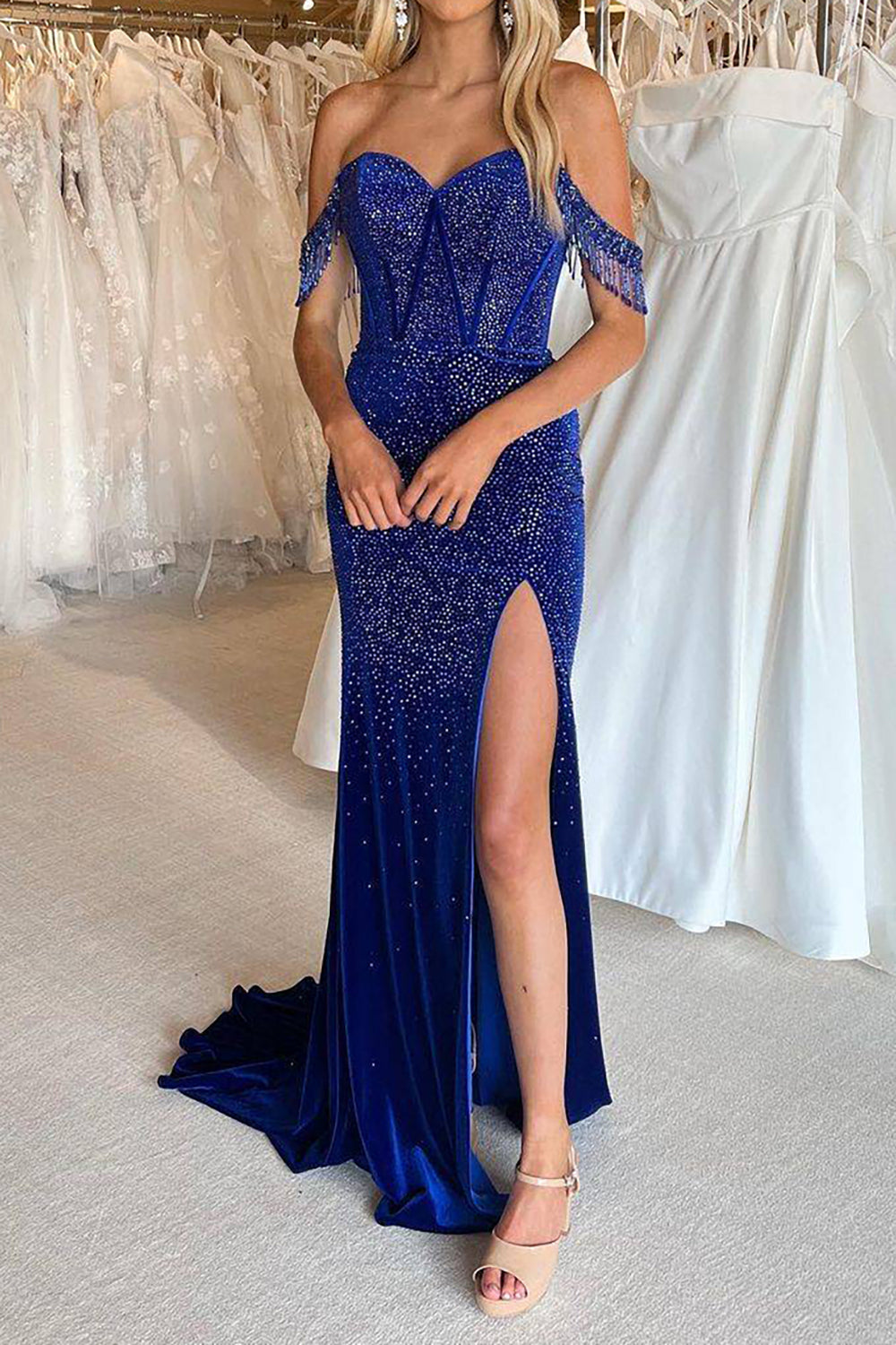 Sparkly Royal Blue Off The Shoulder Long Mermaid Prom Dress With Fringe