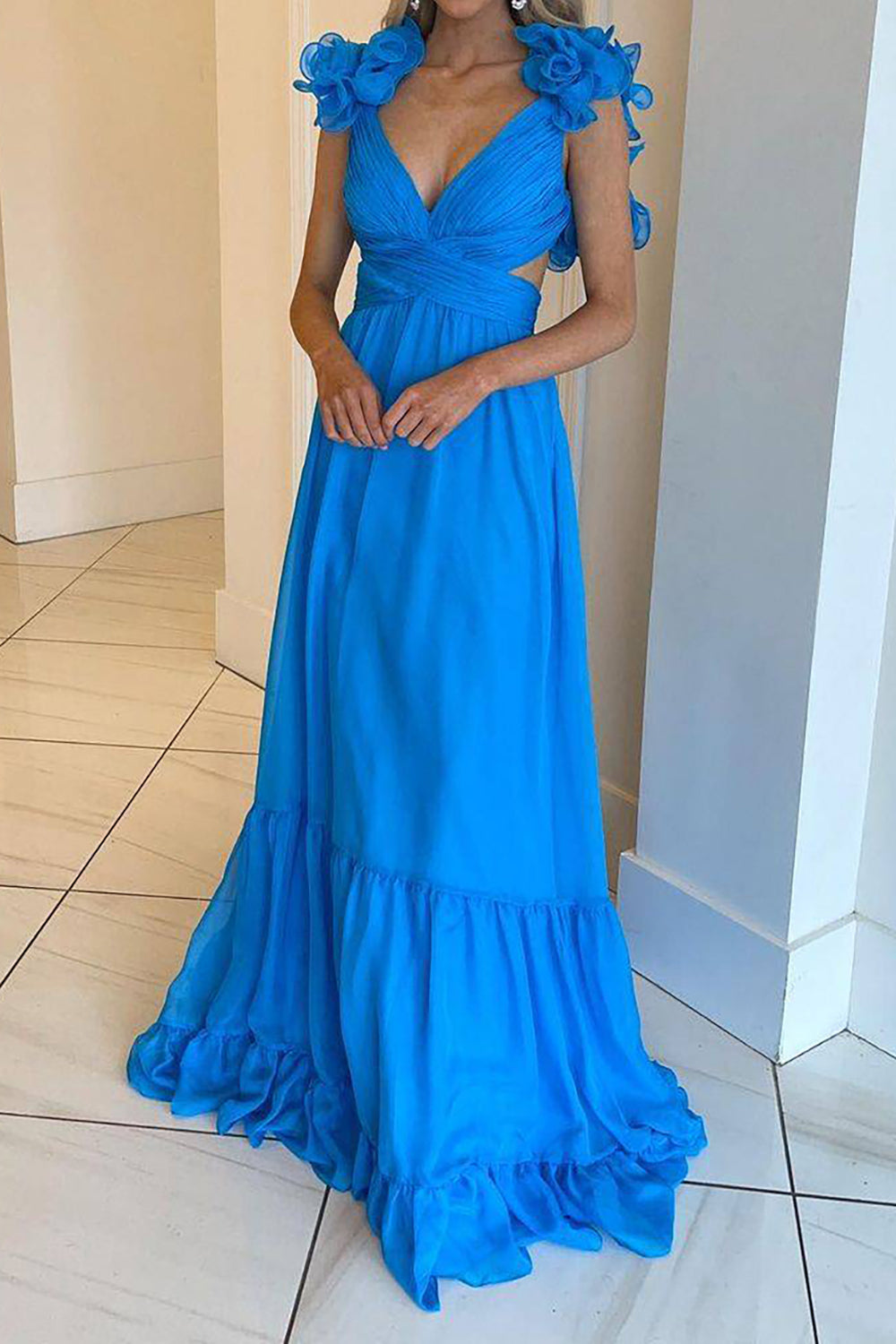 Royal Blue A-Line V-Neck Lace Up Long Tulle Prom Party Dress