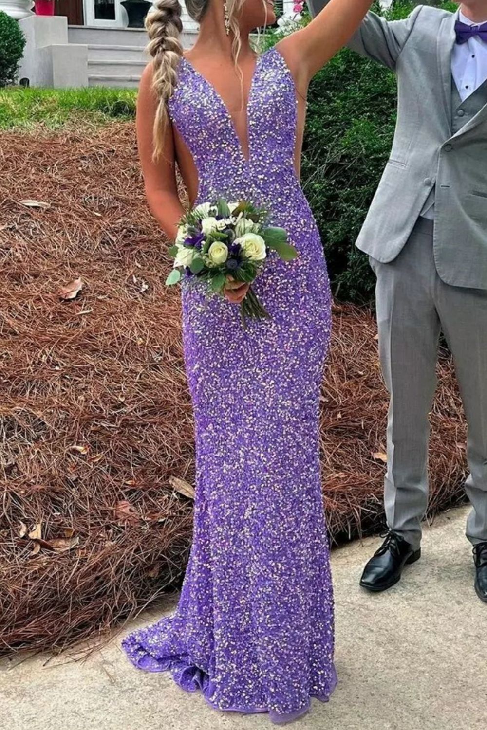 Glitter Purple V-Neck Long Mermaid Sequin Prom Party Dress