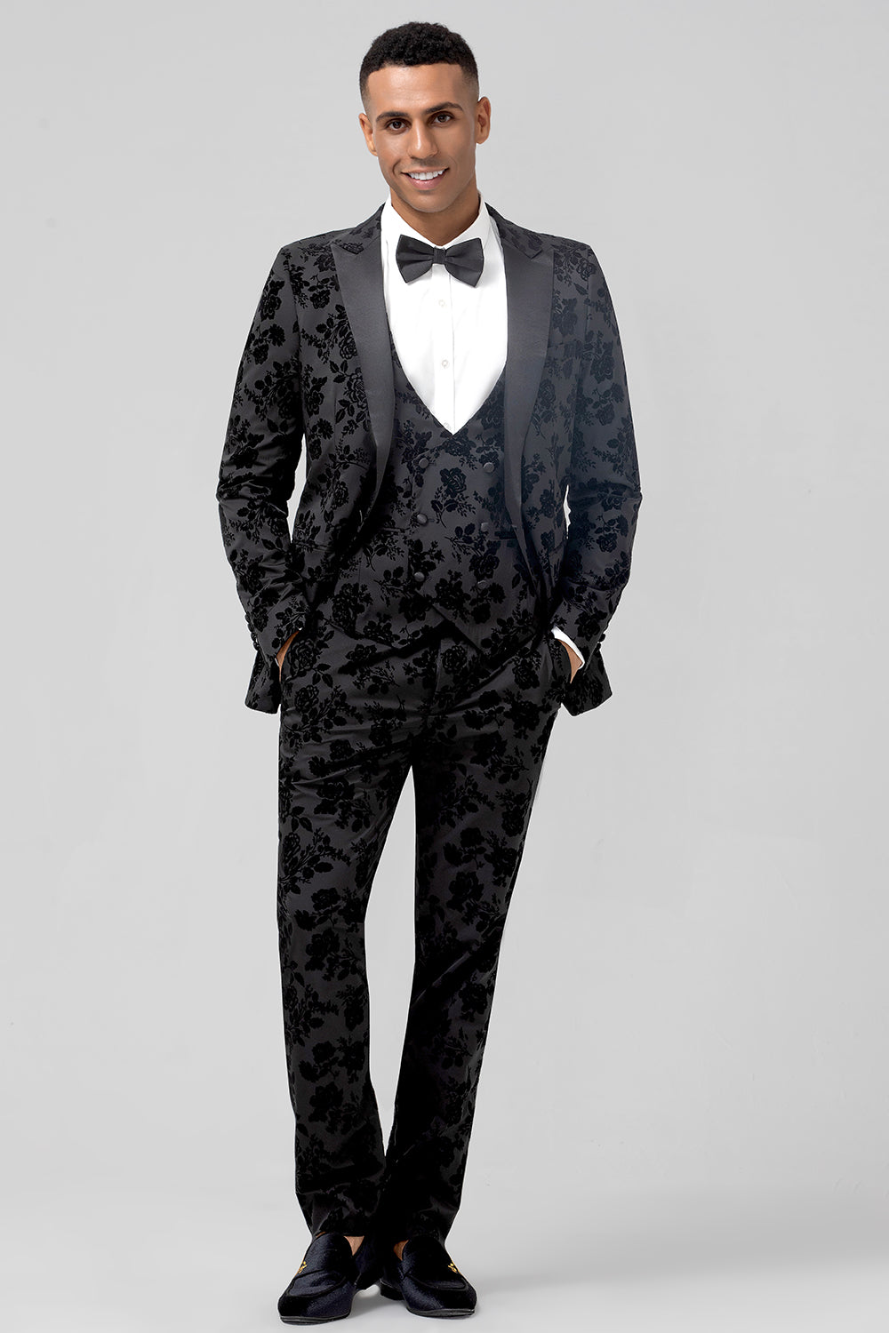 Black Peak Lapel acquard One Button 3 Piece Prom Suits