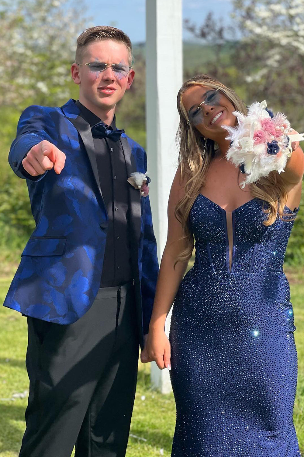 Printed Royal Blue Notch Lapel 2-Piece One Button Prom Suits