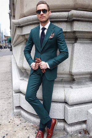 Notched Lapel 2 Pieces Dark Green Solid Suit Groom Slim Fit Prom Suit