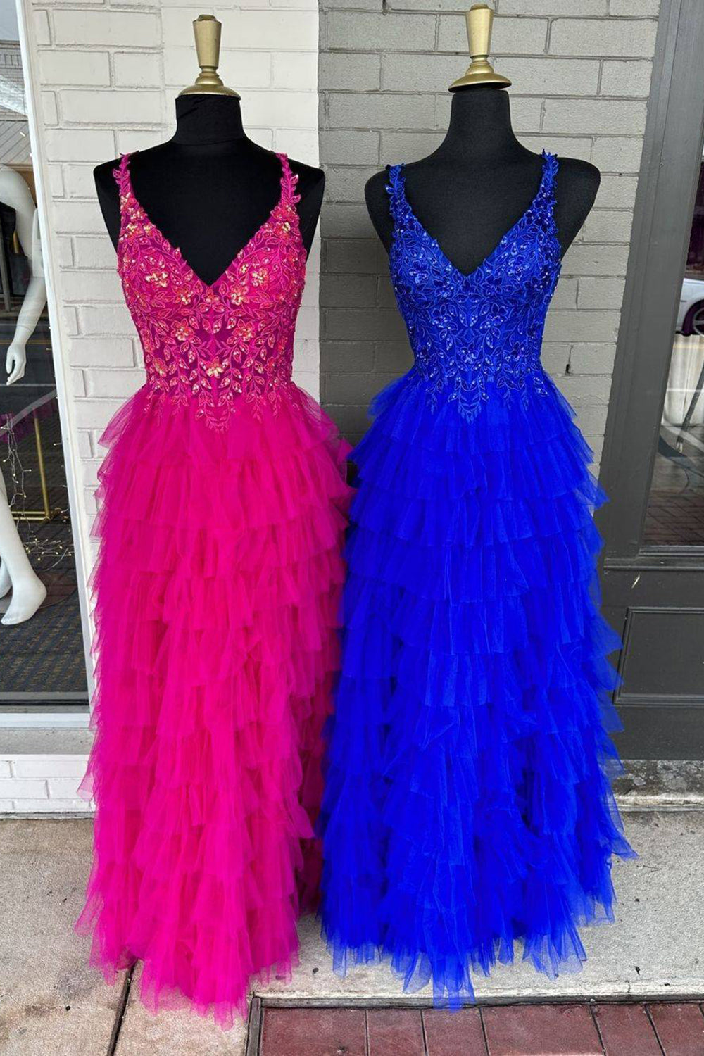 Glitter A-Line V-Neck Zipper Back Long Tulle Prom Dress