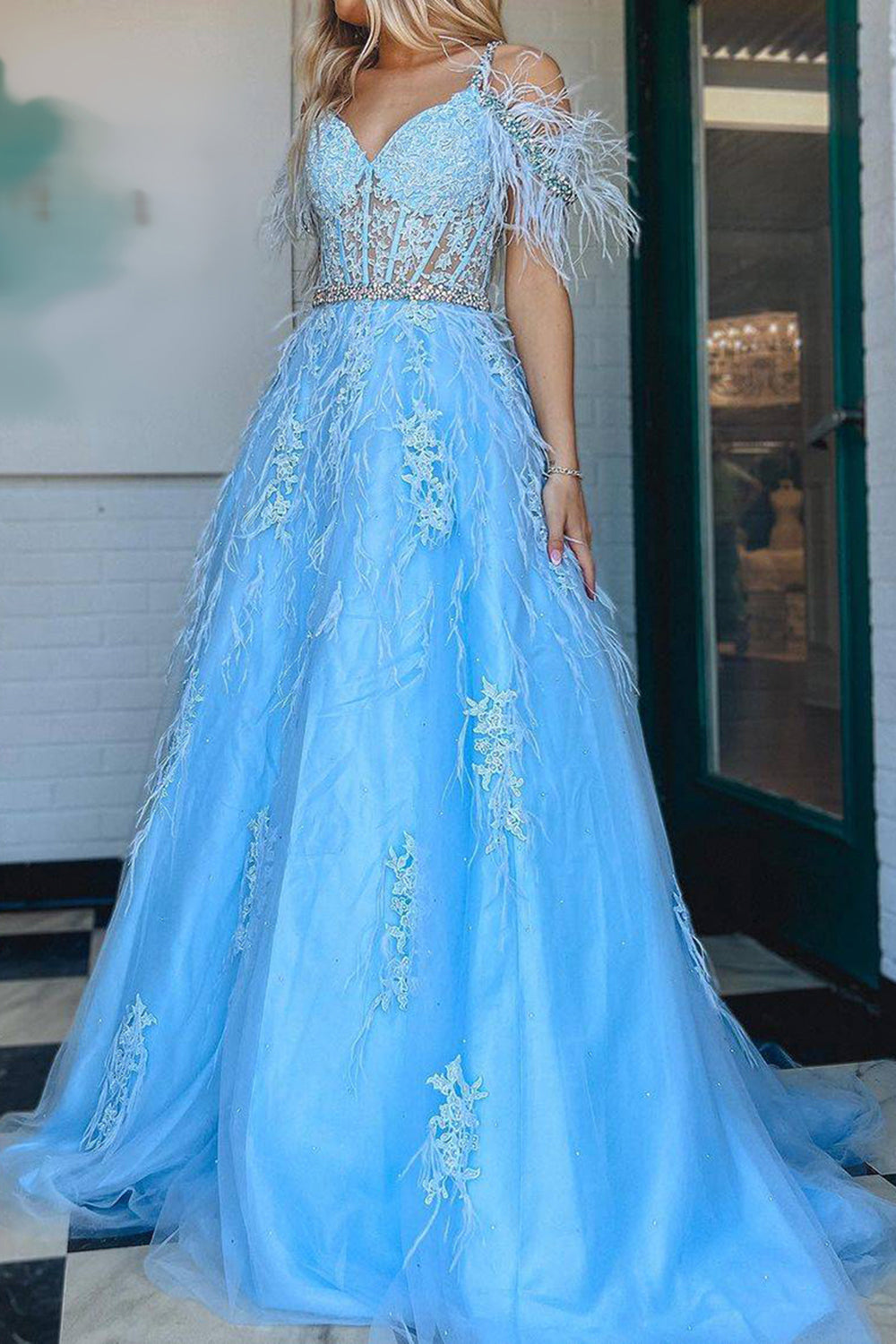 Stunning A-Line Off the Shoulder Long Prom Dress with Appliques And Feather