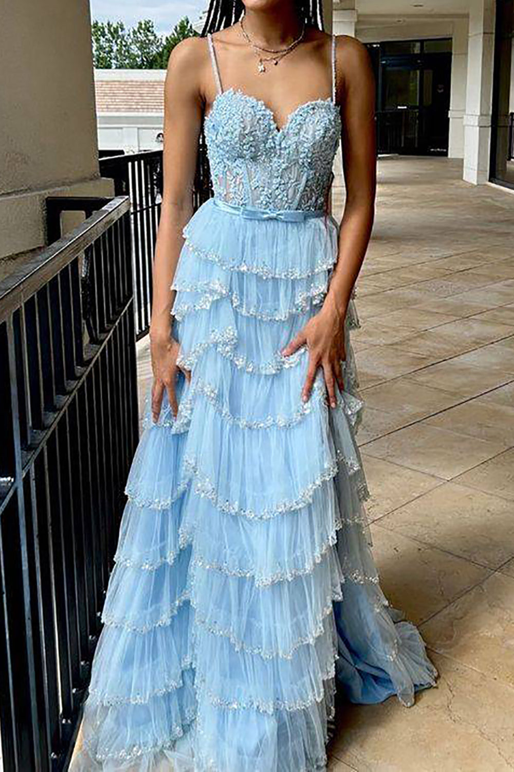 Princess A-Line Spaghetti Straps Long Ruffle Prom Dress with Split