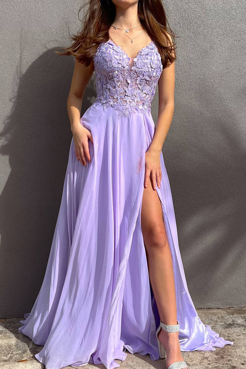 Beautiful A-Line Spaghetti Straps Lace Top Long Satin Prom Dress