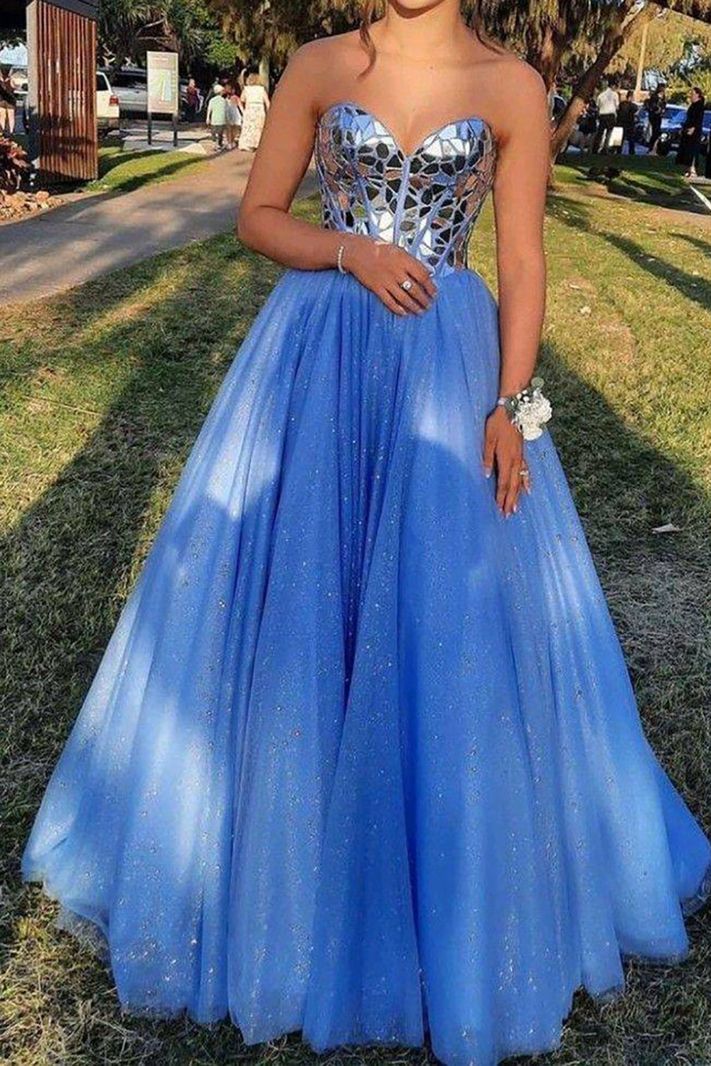 Stunning A-Line Off The Shoulder Mirror Top Long Tulle Prom Dress