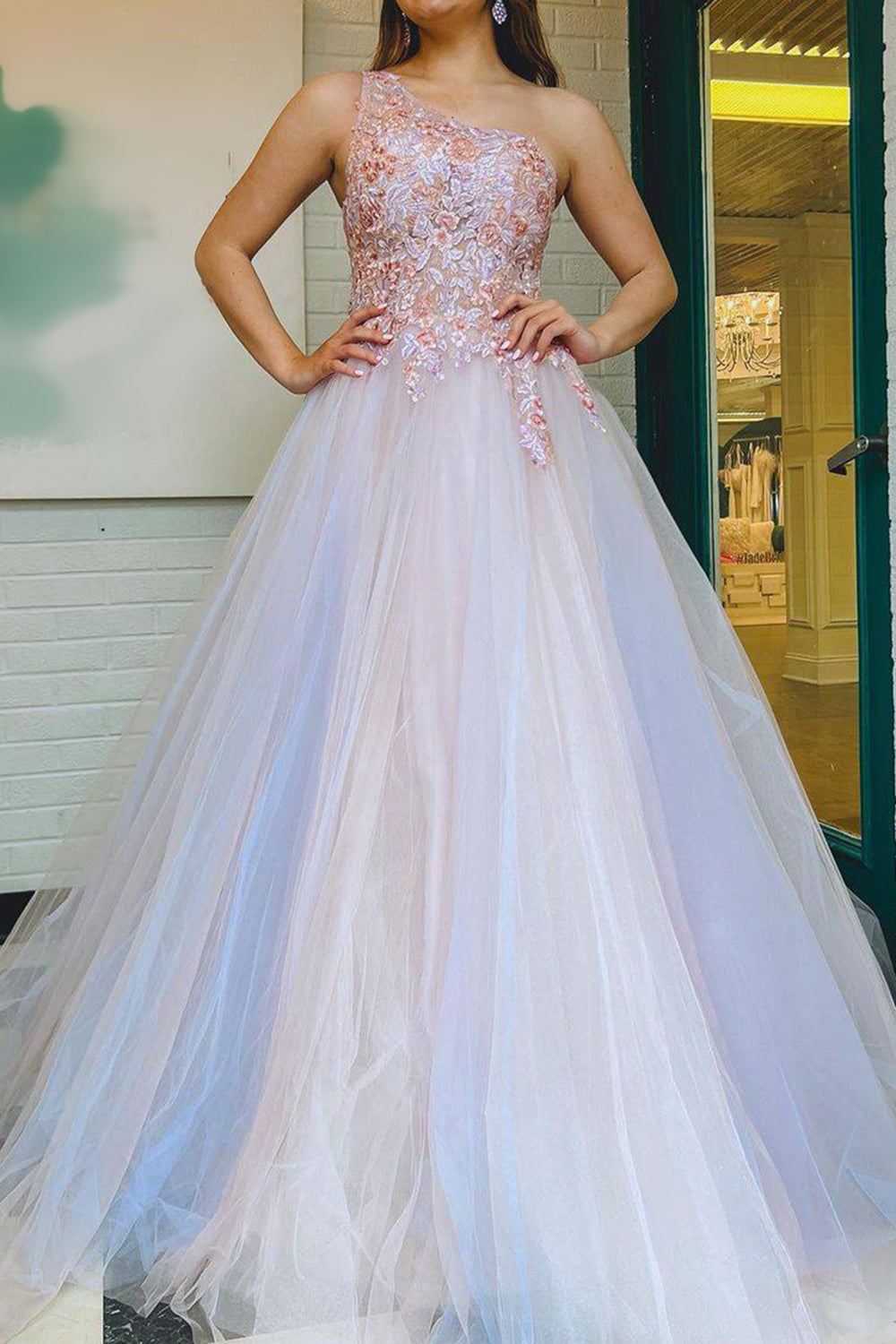 Blush A Line One Shoulder Long Tulle Prom Dress with Appliques