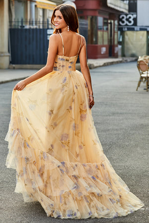 Yellow Halter Pleated Tulle Tiered Long Prom Dress With Embroidery