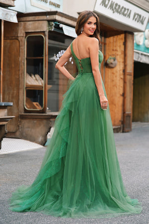 Dark Green Tulle A-Line One-Shoulder Long Prom Dress with Slit