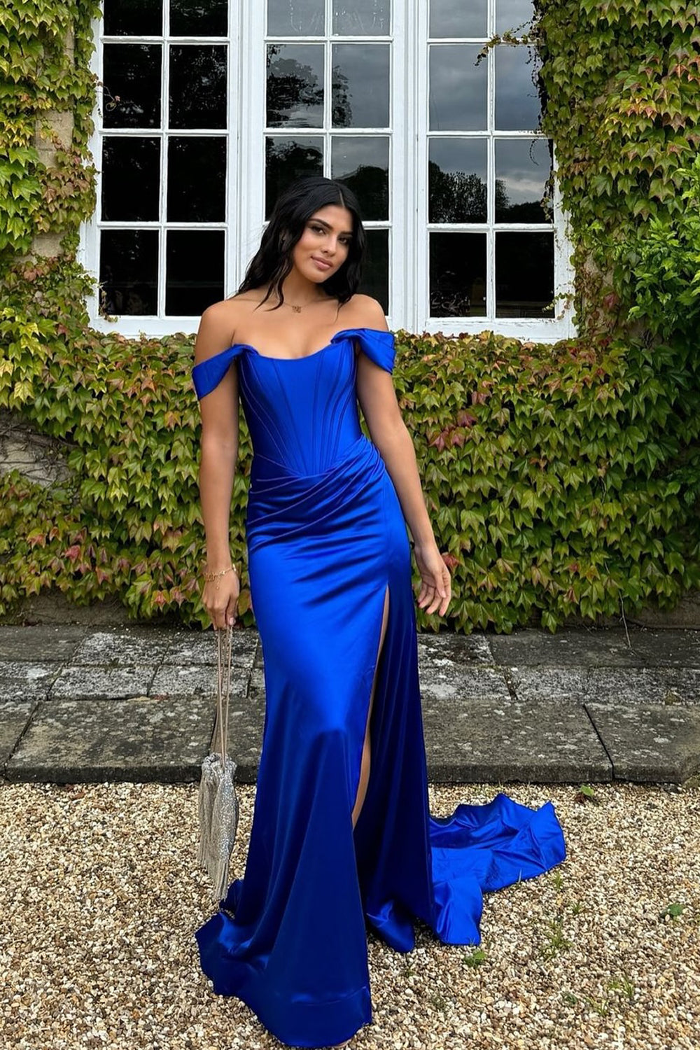 Royal Blue Off Shoulder Corset Tight Prom Dress with Slit