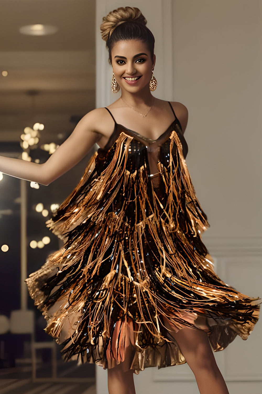 Black Golden Sparkly Sequin Flapper Cocktail Dress With Fringes