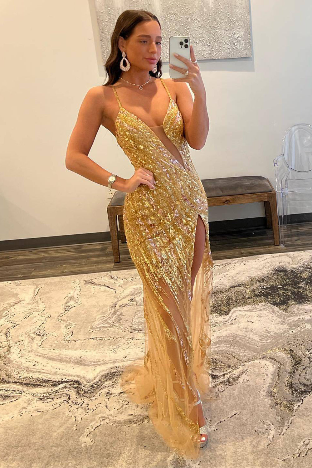 Sparkly Gold Spaghetti Straps Long Sequin Prom Dress with Slit