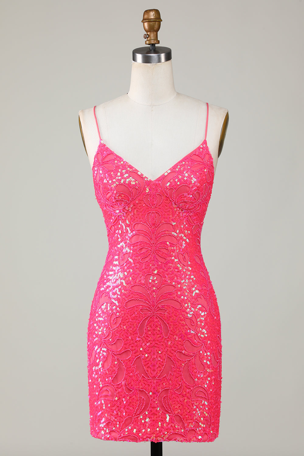 Sparkly Fuchsia Beaded Tight Short Homecoming Dress