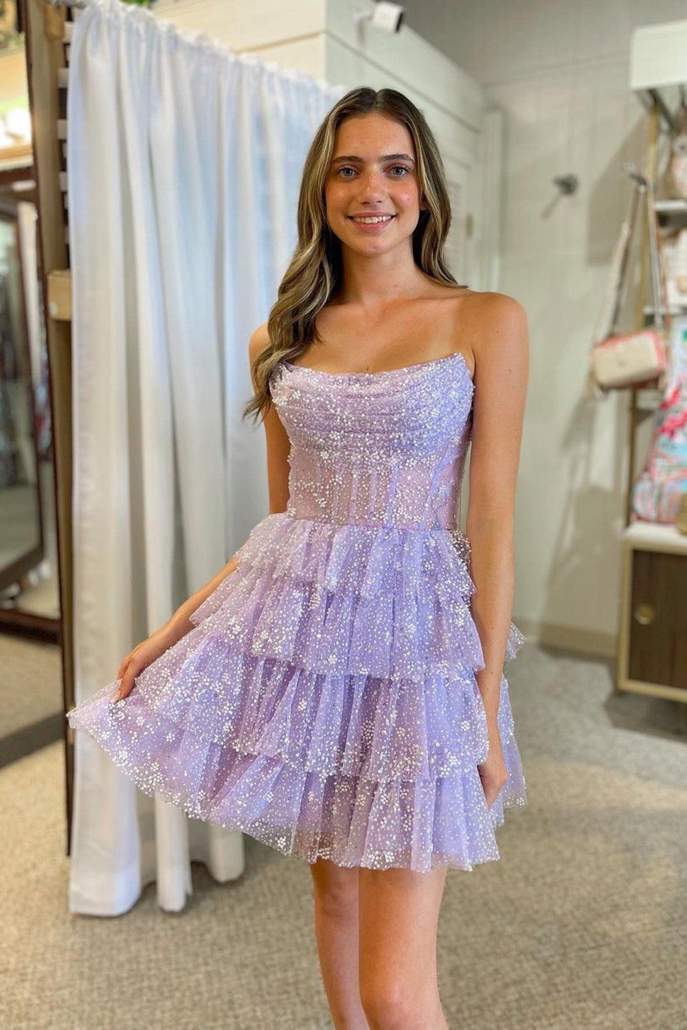 Sparkly Purple A-line Strapless Beaded Homecoming Dress with Ruffles