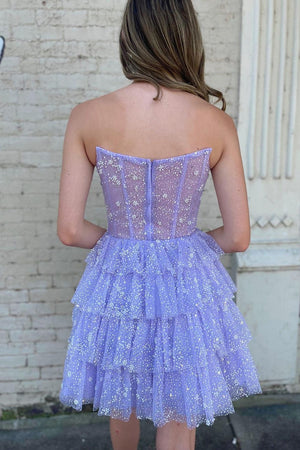 Sparkly Purple A-line Strapless Beaded Homecoming Dress with Ruffles