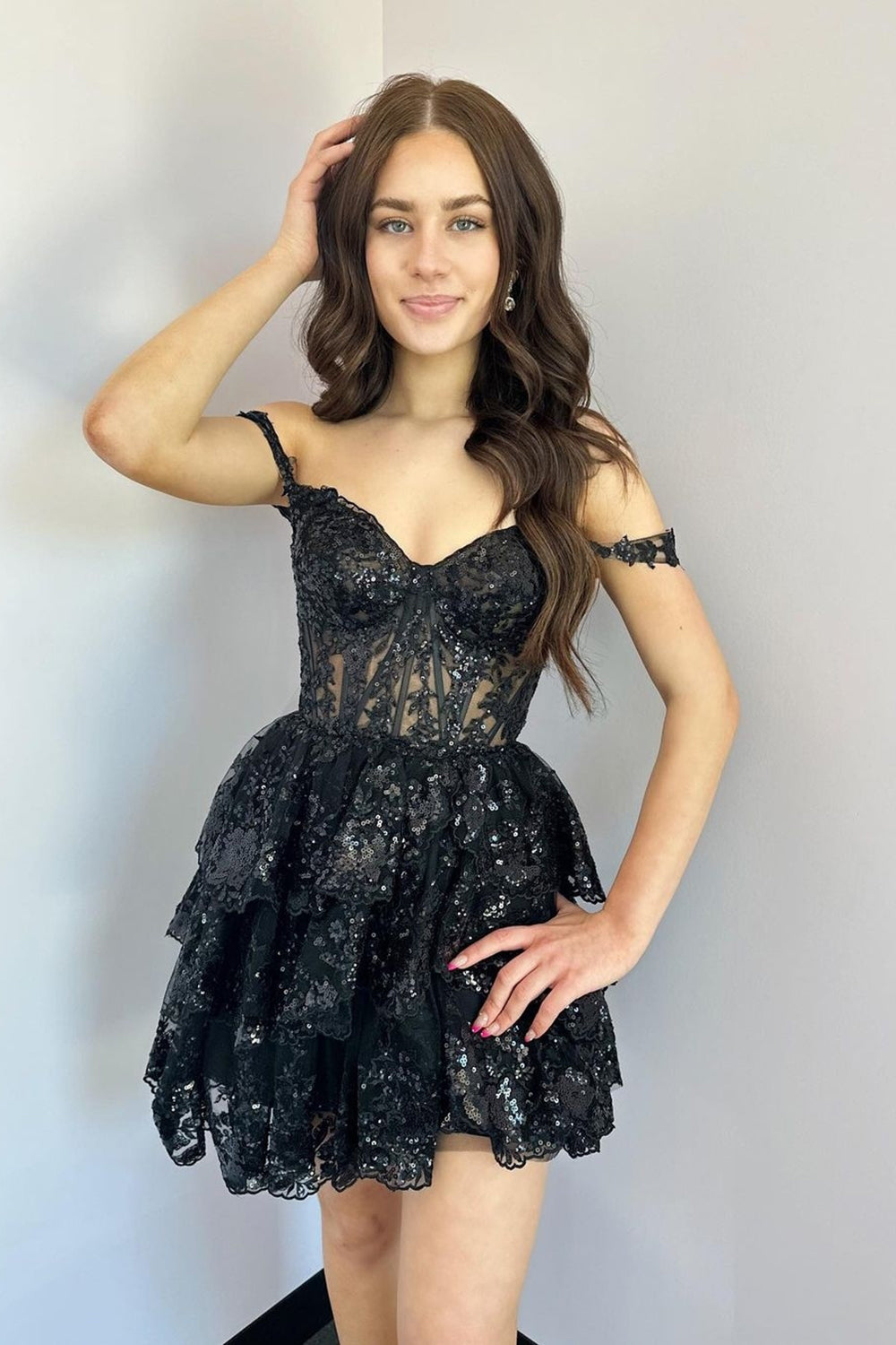 Sparkly Black Off The Shoulder Tiered Ruffle Homecoming Dress with Sequins