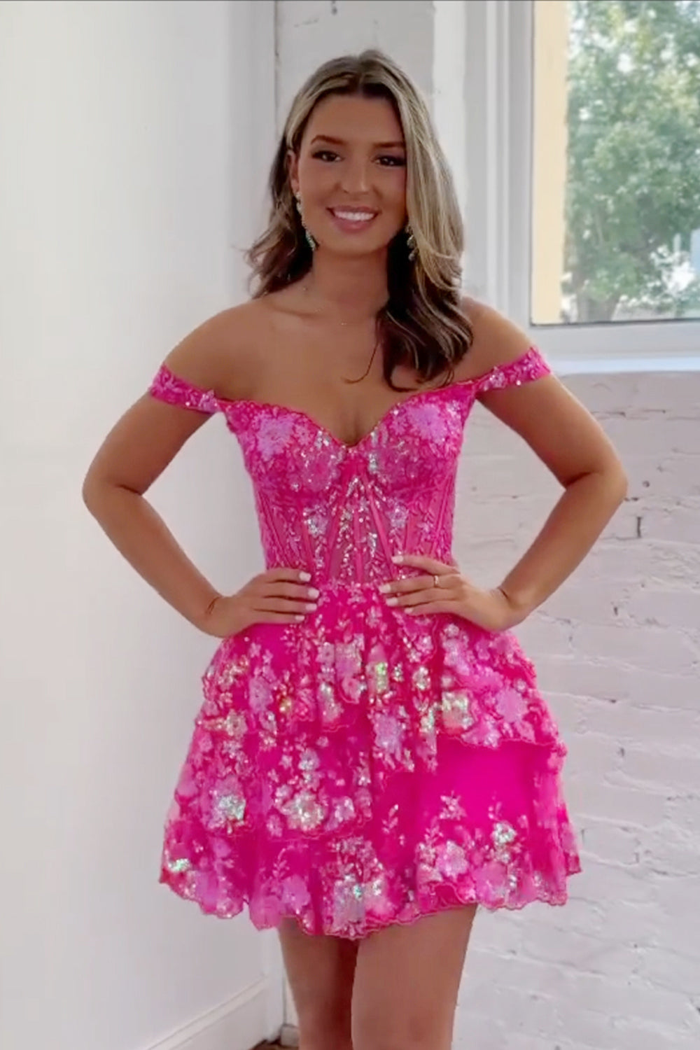 Sparkly Fuchsia Sequin A-line Off The Shoulder Short Homecoming Dress