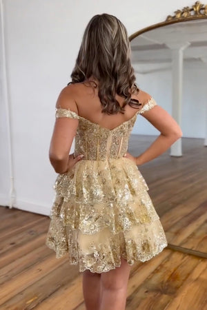 Sparkly Golden Sequin A-line Off The Shoulder Short Homecoming Dress