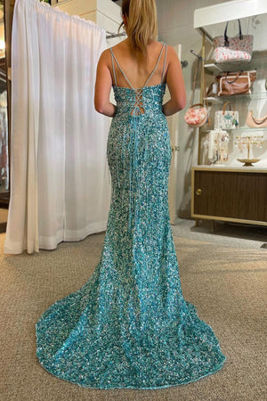 Sparkly Green Sequins Tassel Spaghetti Straps Prom Dress with Slit