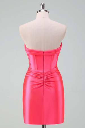 Hot Pink Satin Bodycon Sweetheart Short Homecoming Dress With Pleating