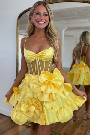 Yellow Corset 3D Flower Spaghetti Straps Short Homecoming Dress