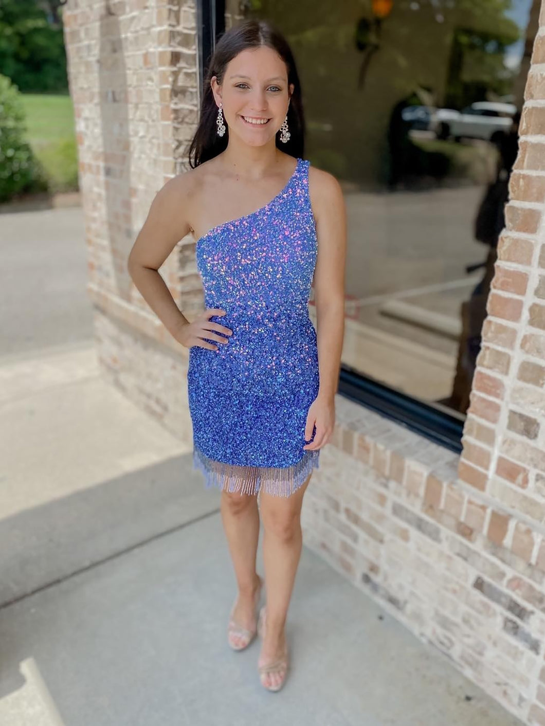 Blue One Shoulder Glitter Homecoming Dress With Tassels