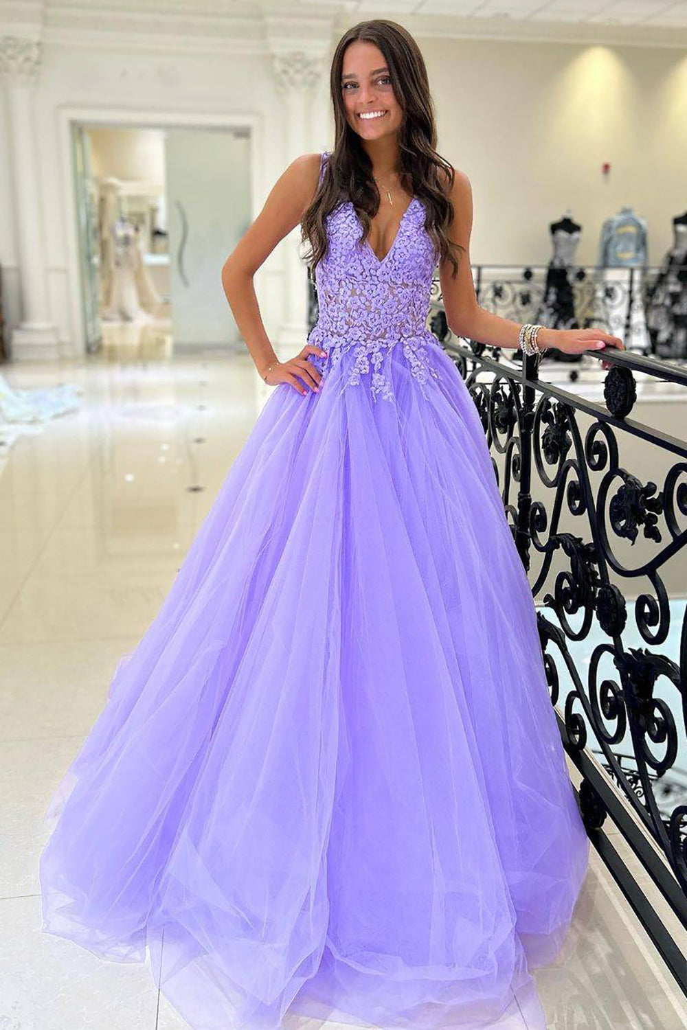 Gorgeous A-Line V Neck Long Tulle Prom Dress with Appliques