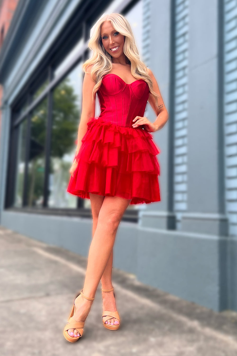 Red Corset Tiered Sweetheart Homecoming Dress