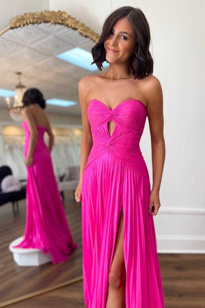 Hot Pink A Line Sweetheart Pleated Prom Dress with Slit