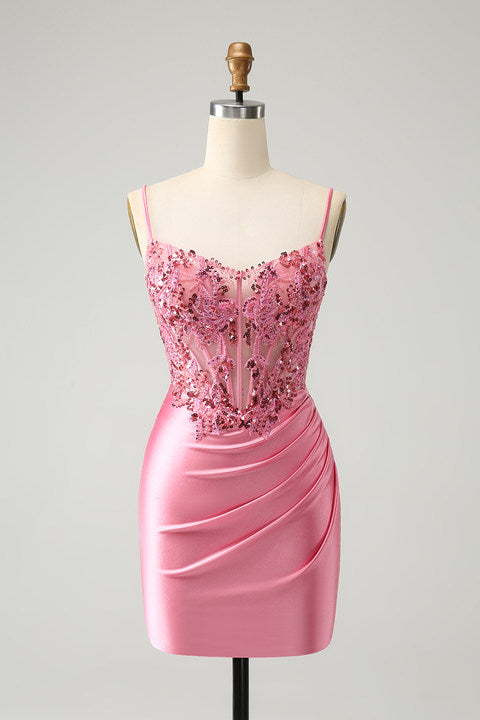 Pink Sequins Corset Tight Homecoming Dress With Appliques