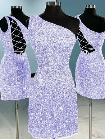 Sky Blue One Shoulder Glitter Short Homecoming Dress