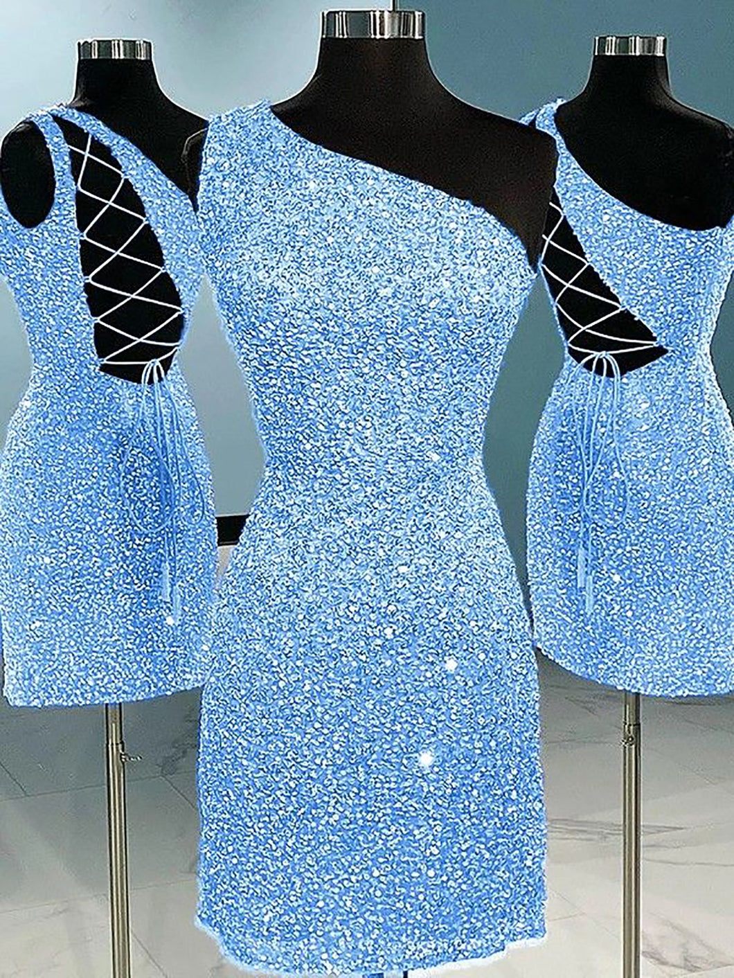 Sky Blue One Shoulder Glitter Short Homecoming Dress