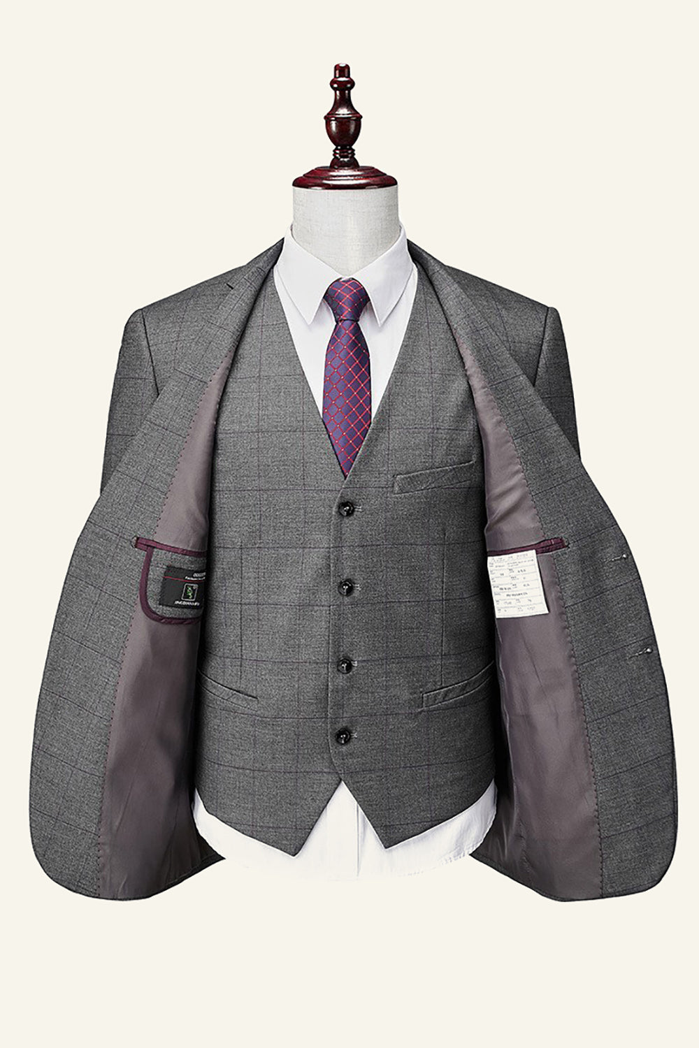 Grey Vested 3 Piece Notch Lapel Plaid Men's Suit