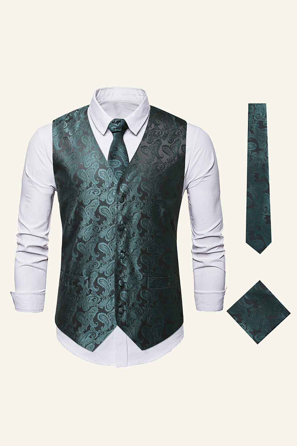 Green Floral Printed Belt Back Men's Dress Vest With Free Pocket Square and Tie