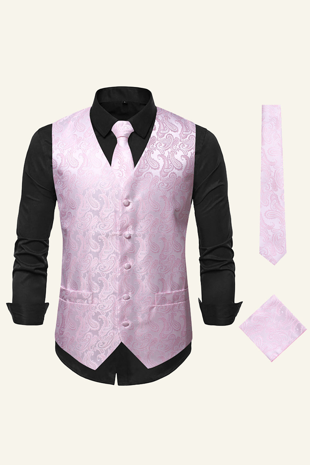 Pink Jacquard Belt Back Men's Dress Vest With Free Pocket Square and Tie