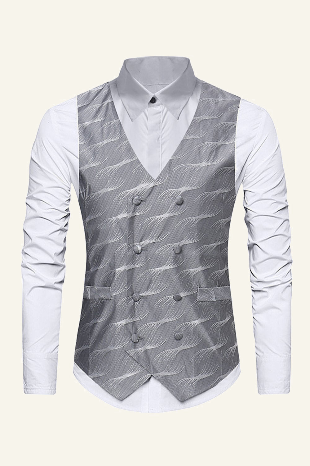 Grey Printed Double-Breasted Men's Dress Vest With Belt Back