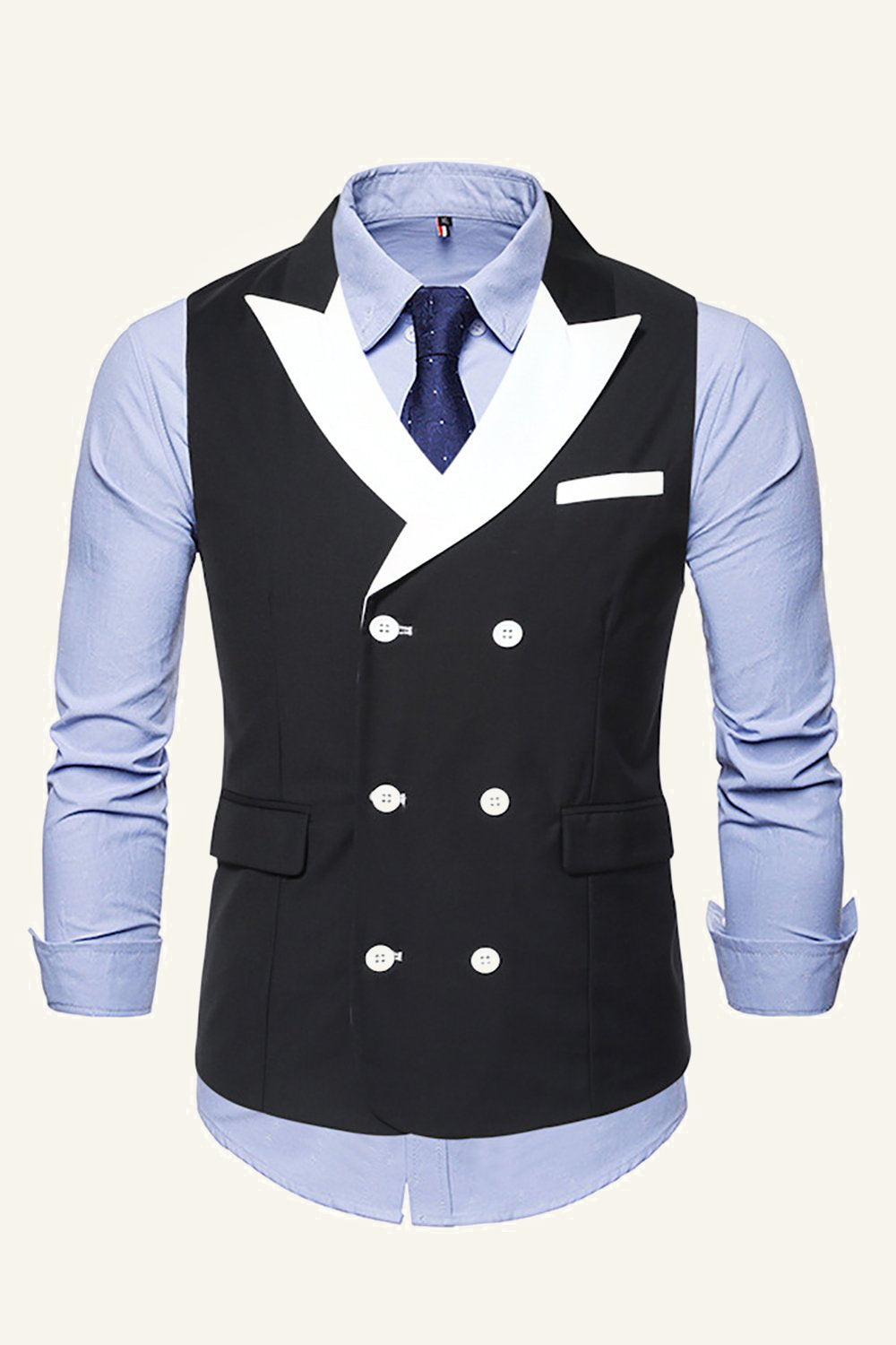 Black Peaked Lapel Double Breasted Men's Dress Vest With Belt Back