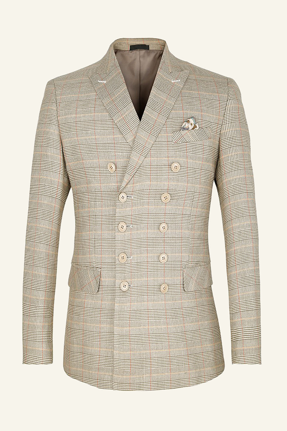 Khaki Pinstripes Peaked Lapel 2 Piece Double-Breasted Men Suit