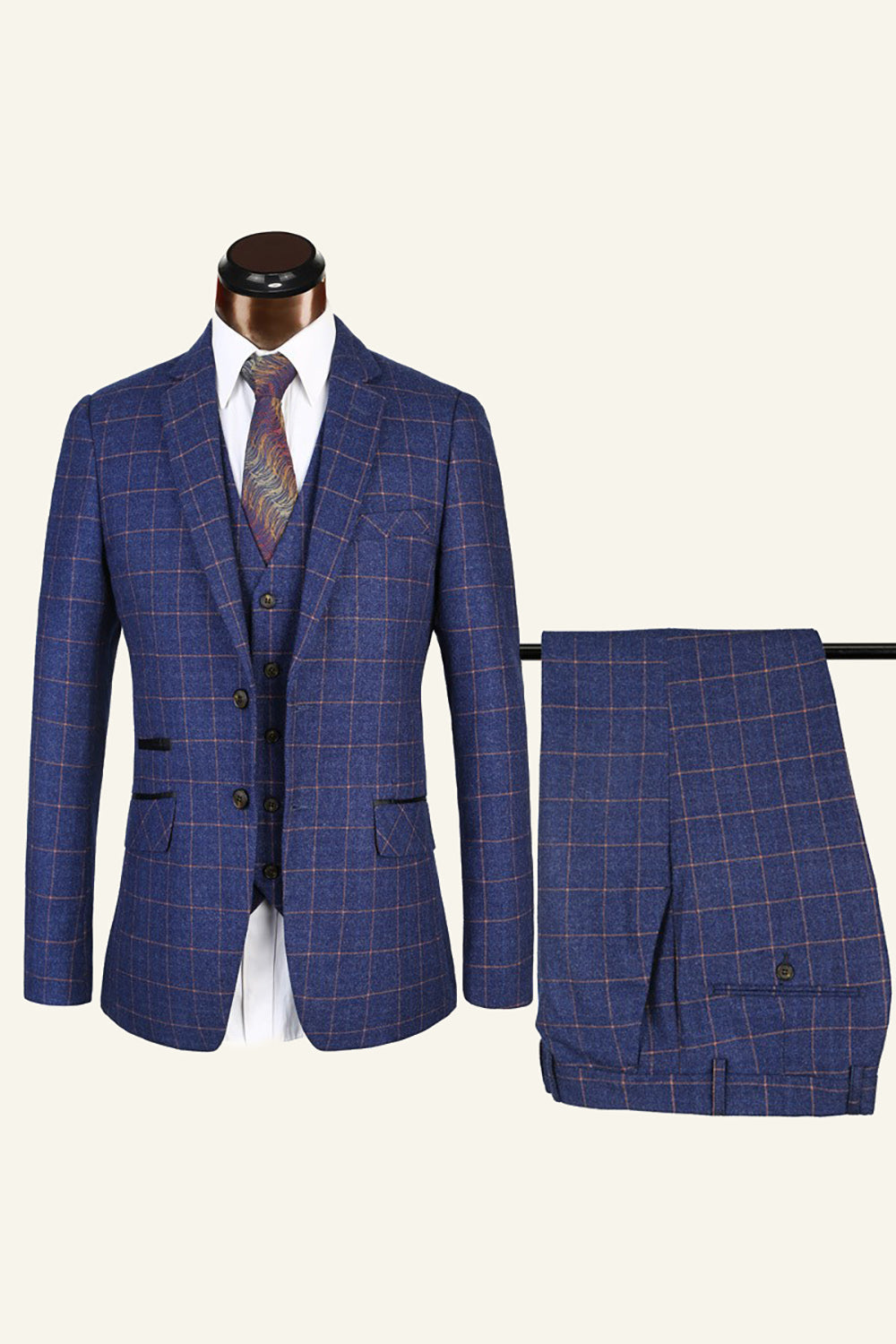 Dark Blue Plaid Tweed Vested 3 Piece Men's Suit