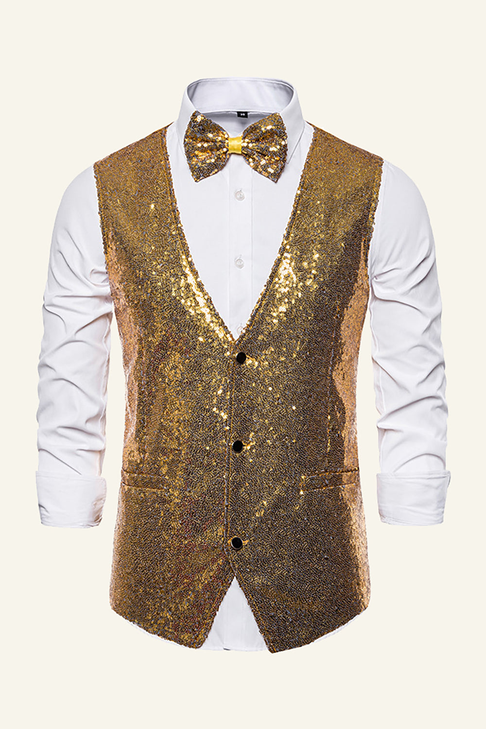 Golden Sequined Men's Prom Vest With Free Bow Tie