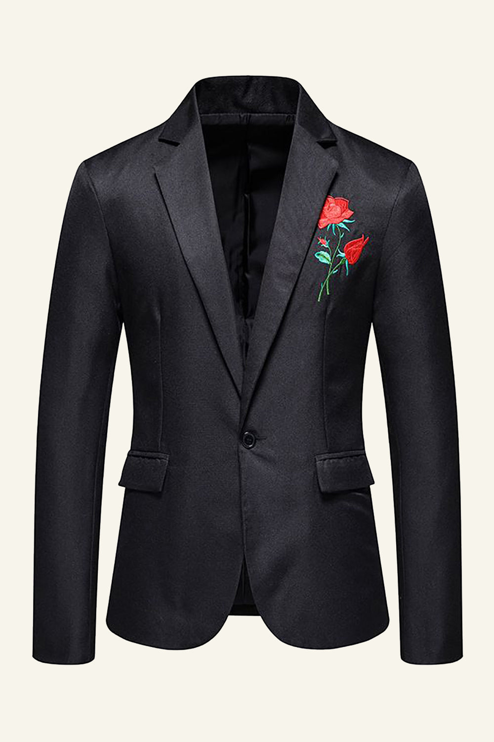 Black Notch Lapel Embroidered Flower Men's Blazer