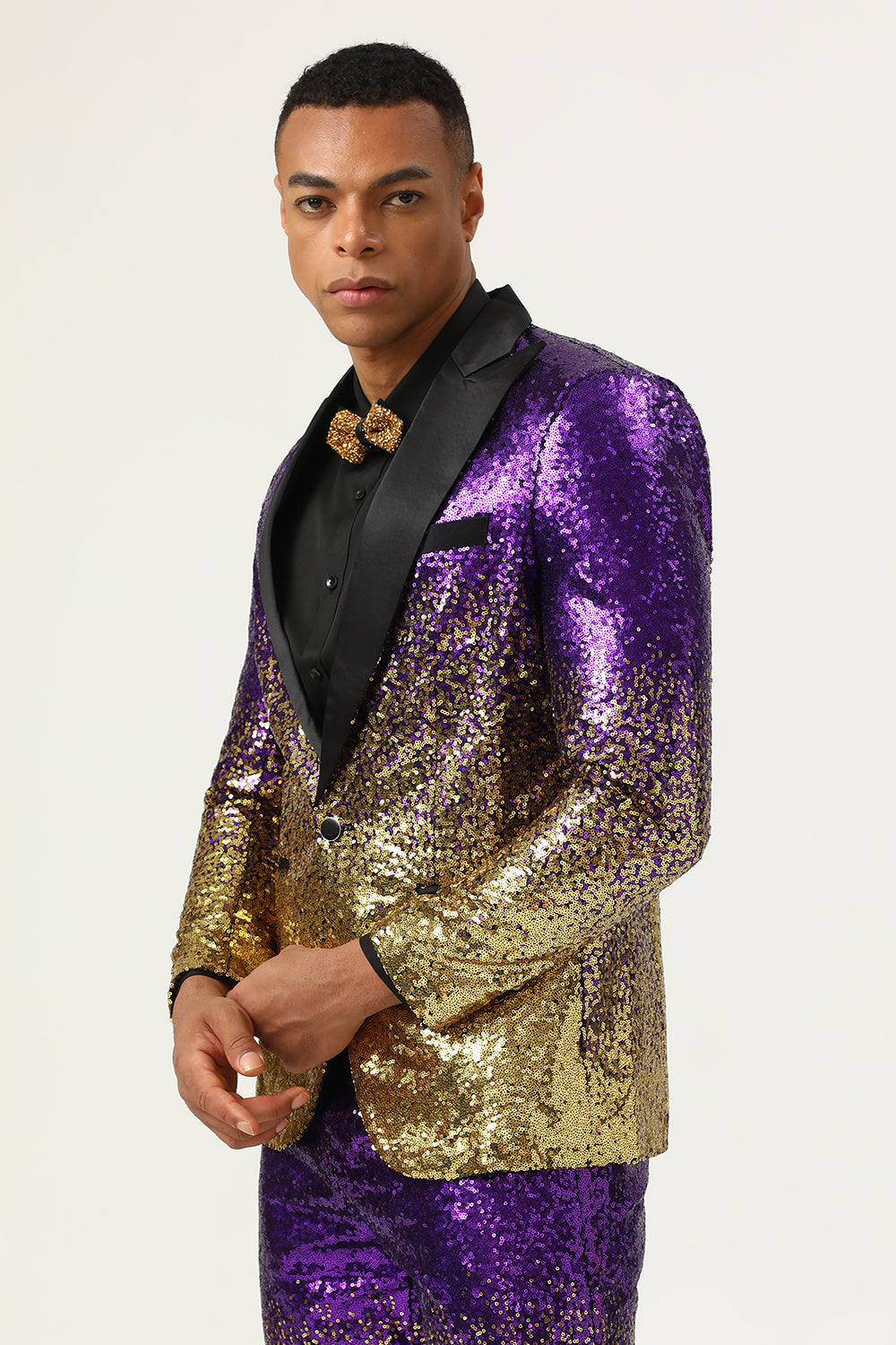 Lvnes Pom Suit Purple Sequined 2 Piece Peaked Lapel One Button Men Suit