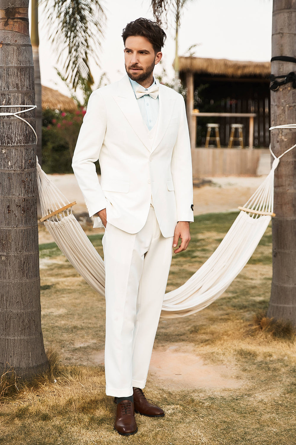 White 3 Piece Peaked Lapel Two Button Wedding Men Suit