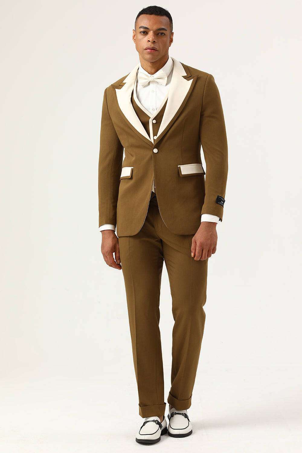 Brown 3 Piece Color Block Peaked Lapel Men Tuxedo Suit