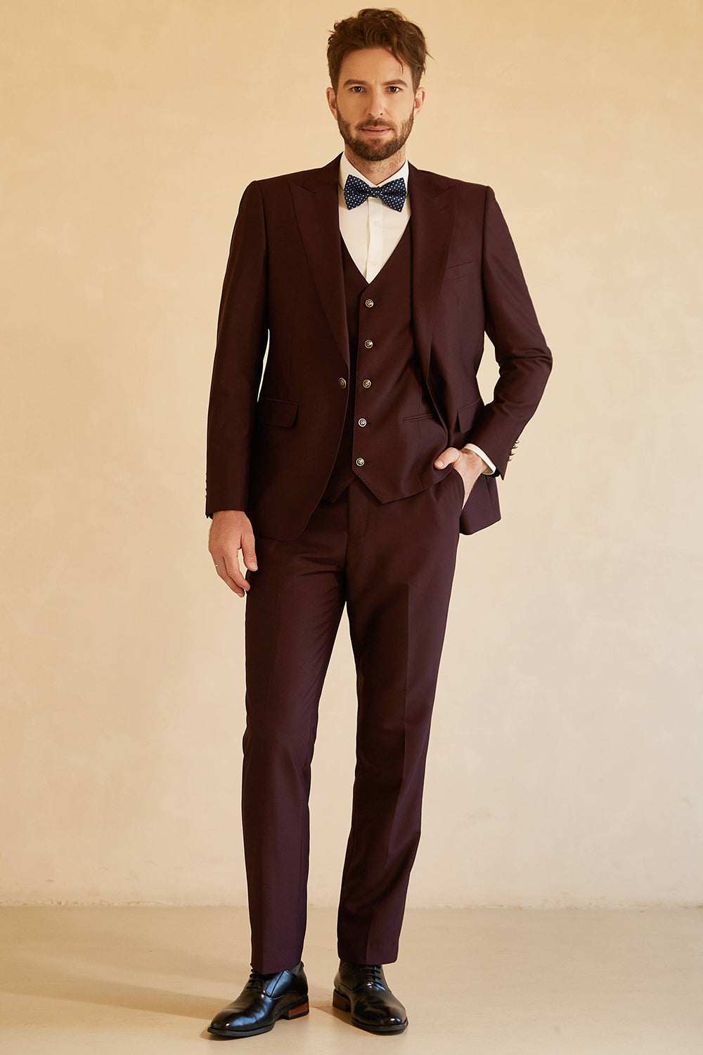 Burgundy 3 Piece One Button Peaked Lapel Wedding Men Suit