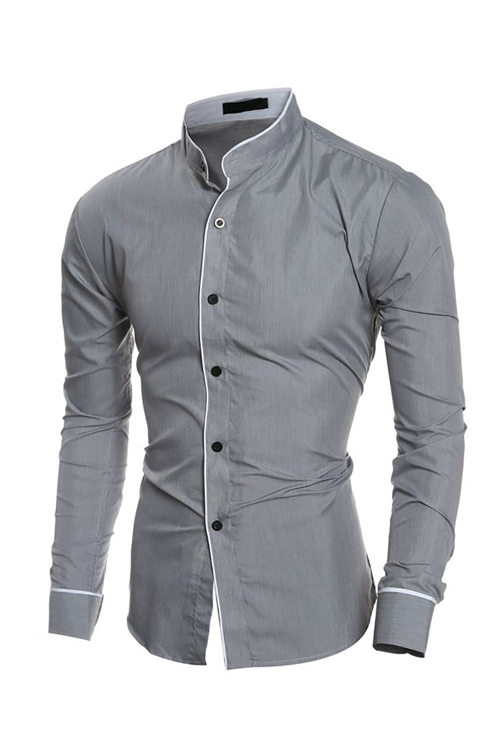 Grey Stand Collar Cotton Long Sleeves Shirt