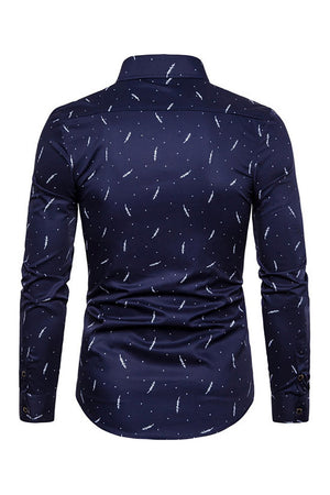 Dark Blue Spread Collar Cotton Printed Shirt