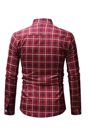 Burgundy Spread Collar Plaid Printed Cotton Casual Shirt