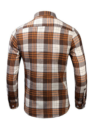 Brown Spread Collar Plaid Printed Casual Shirt